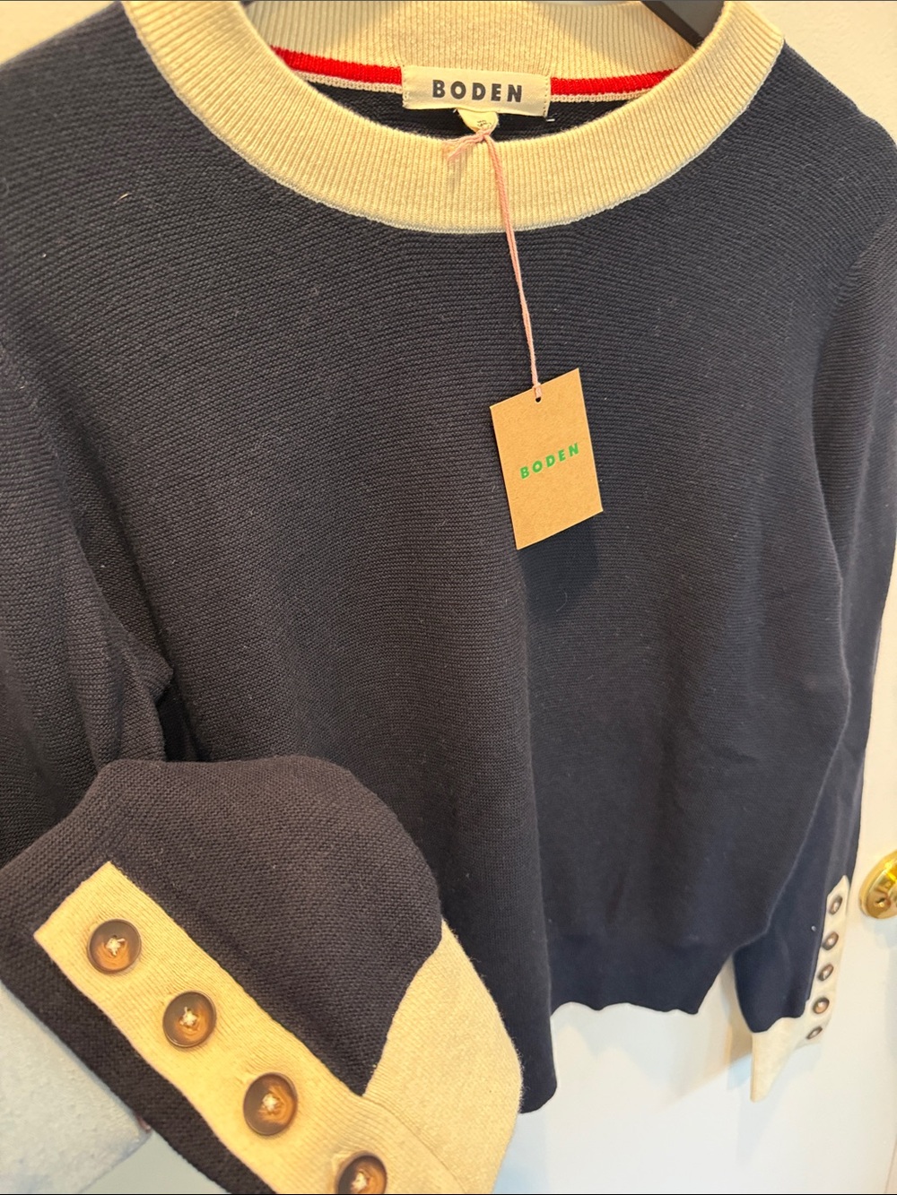 Boden Navy Sweater with Cream Trim and Button Cuffs - Picture 3 of 5